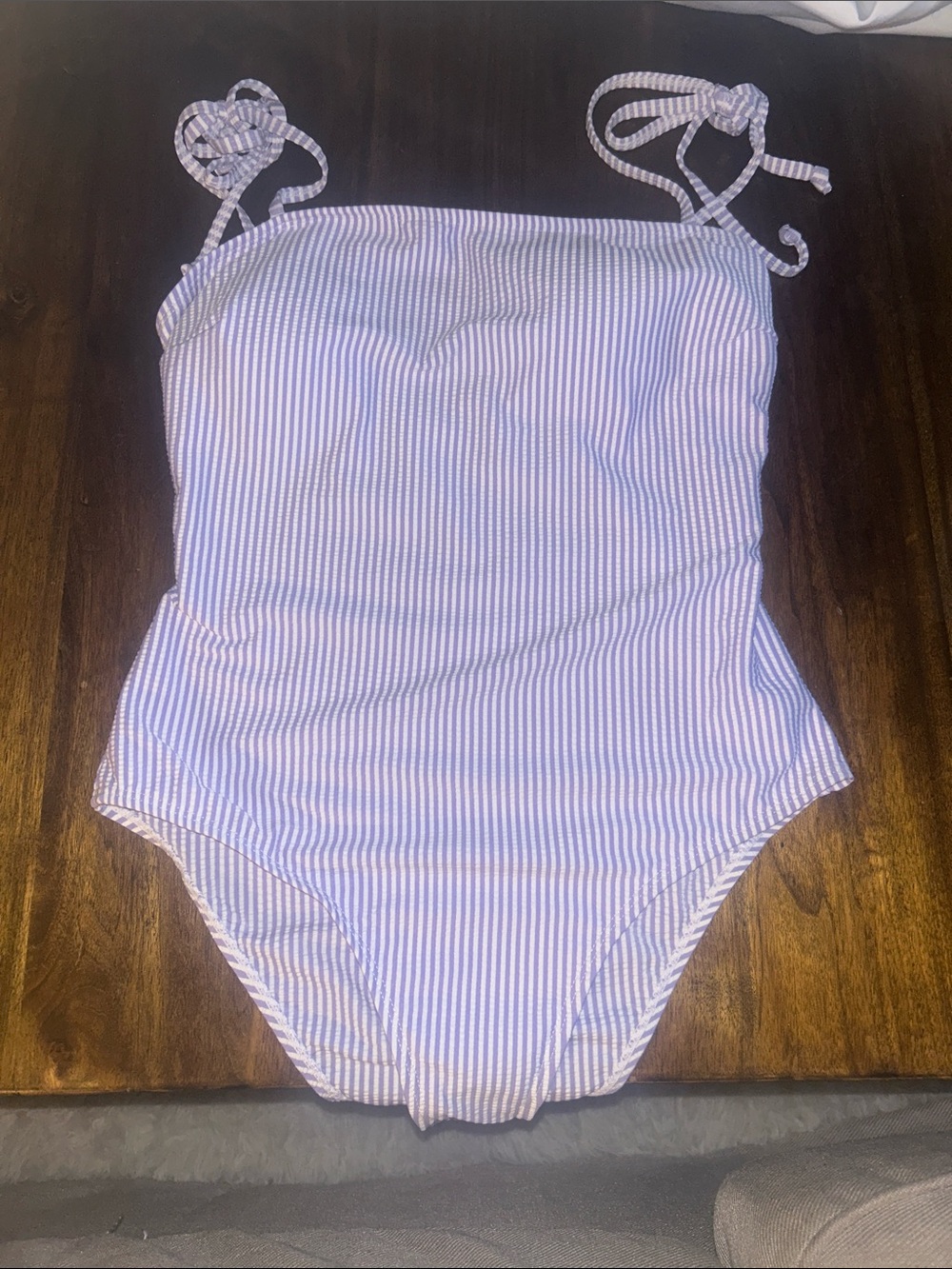 Striped Tie-Shoulder One-Piece Swimsuit - Light Lavender/White
